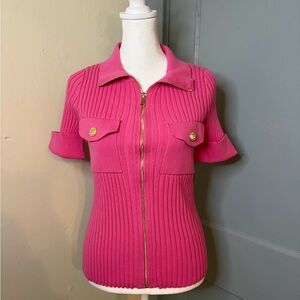 Boston Proper Vibrant Pink Ribbed Zip-Up Short Sleeve Sweater
